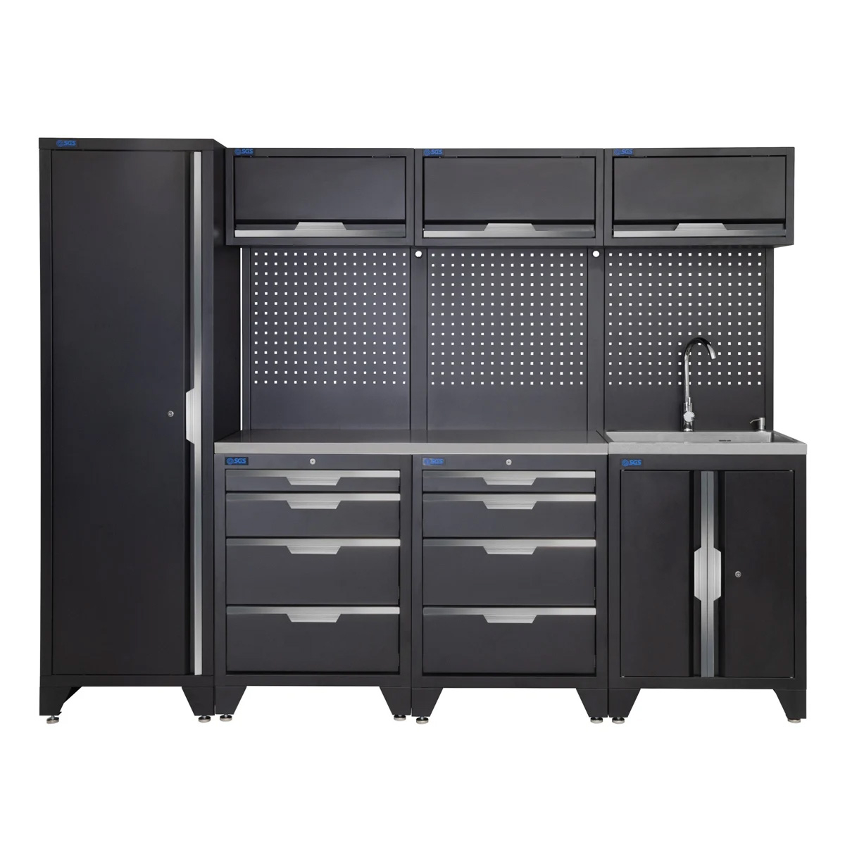 SGS 10pc Garage Storage System | 8 Drawers | Stainless Steel Worktop | Tall Single Cabinet | Sink Unit | 3x Upper Cabinets